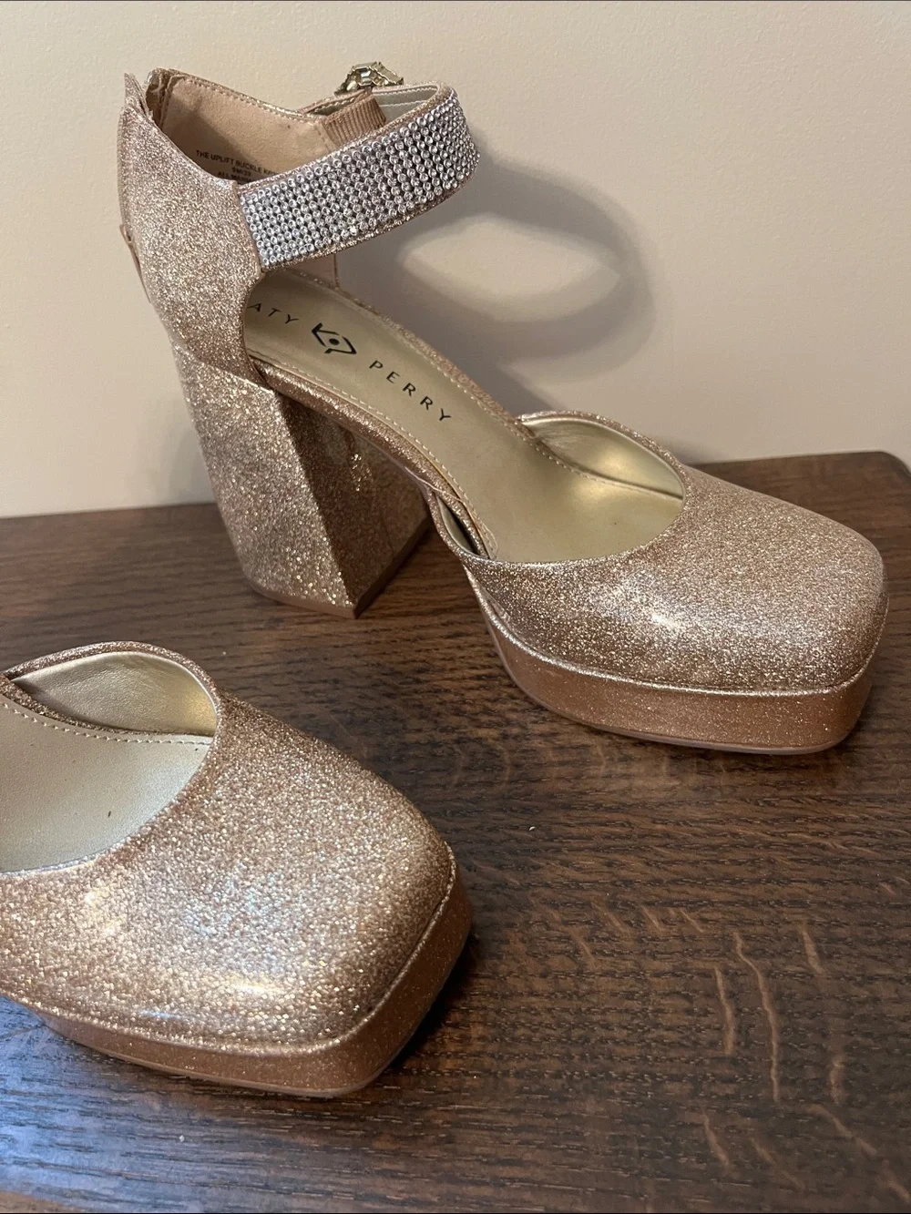 Katy Perry Collections Rose Gold Glitter Platform Mary Jane with Crystal Buckle